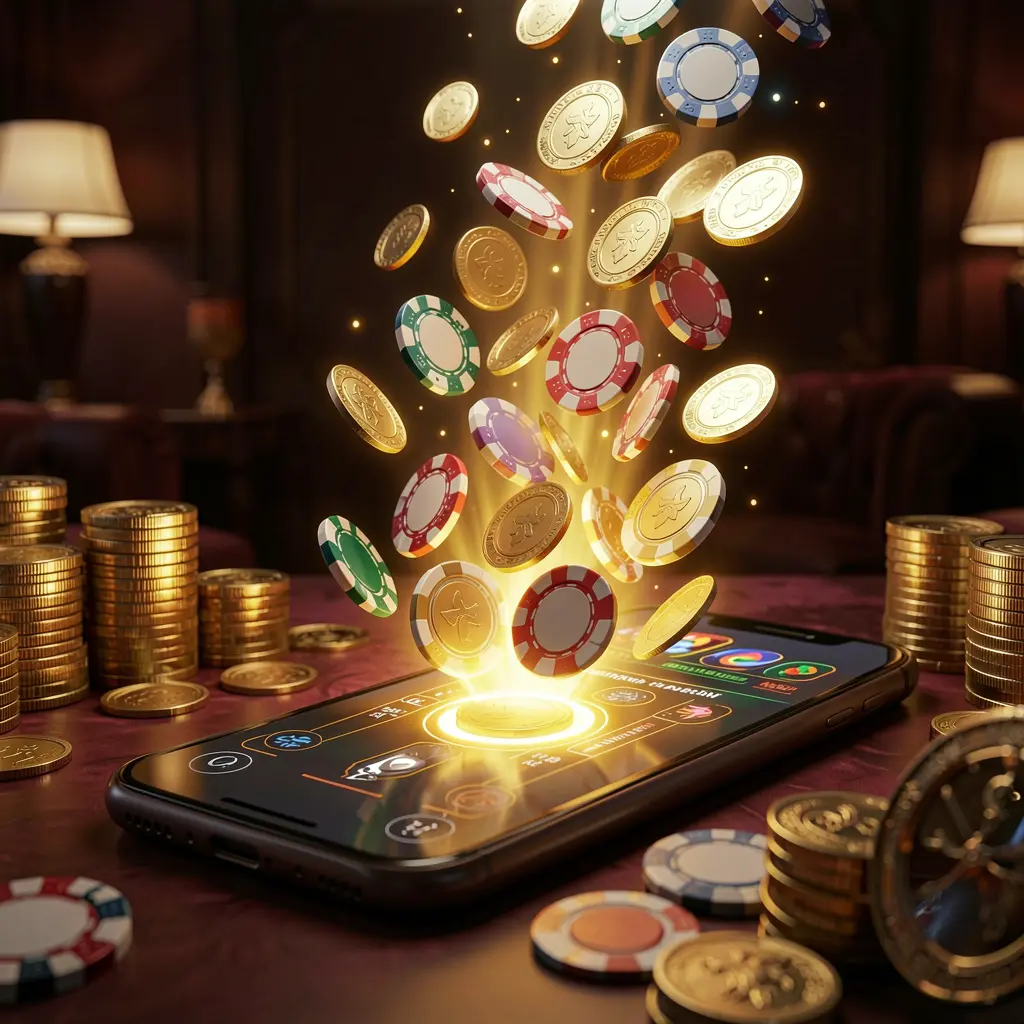 JOY11 online gaming app displayed on a smartphone screen glowing with casino chips and coins emerging, set against a luxury dark background with cinematic lighting in a high detail 3D render JOY11 online gaming app displayed on a smartphone screen glowing with casino chips and coins emerging, set against a luxury dark background with cinematic lighting in a high detail 3D render