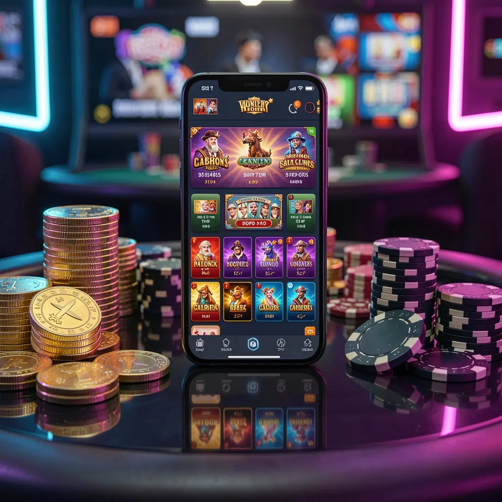 JOY11 mobile casino dashboard on smartphone displaying colorful gaming interface with golden coins and poker chips on glossy table under elegant neon lighting JOY11 mobile casino dashboard on smartphone displaying colorful gaming interface with golden coins and poker chips on glossy table under elegant neon lighting