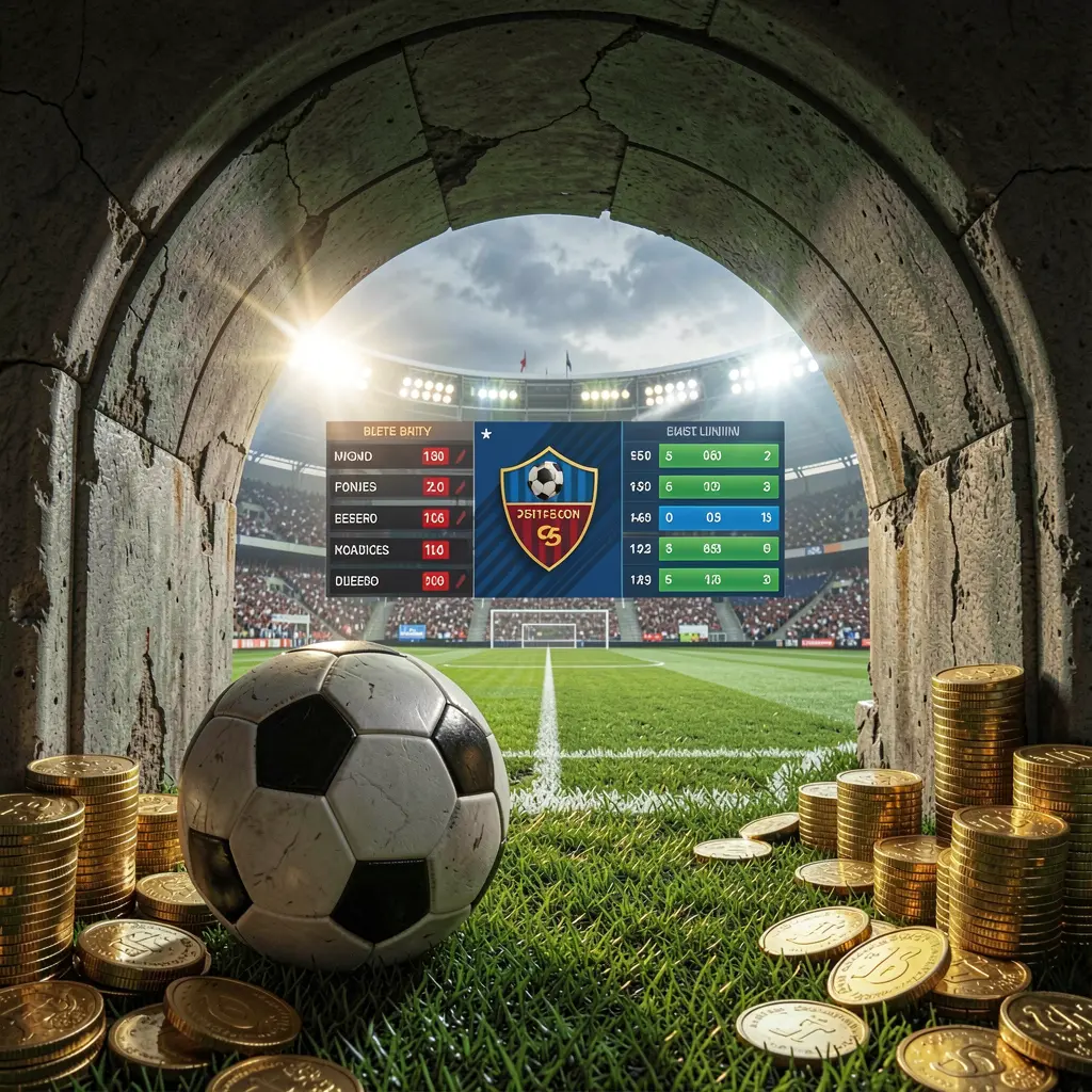JOY11 football betting platform scene with a dramatic stadium tunnel opening to a bright soccer field, a soccer ball in the foreground, digital odds graphics, and gold coins in a realistic cinematic render JOY11 football betting platform scene with a dramatic stadium tunnel opening to a bright soccer field, a soccer ball in the foreground, digital odds graphics, and gold coins in a realistic cinematic render