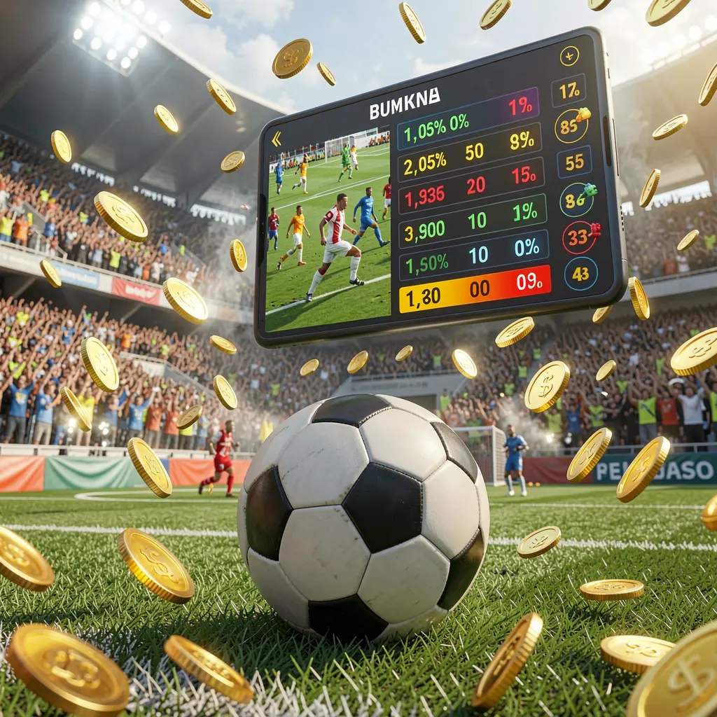 Realistic 3D illustration of a packed football stadium with a soccer ball in the foreground and floating digital odds interface, golden coins flying, showcasing JOY11 sports betting atmosphere Realistic 3D illustration of a packed football stadium with a soccer ball in the foreground and floating digital odds interface, golden coins flying, showcasing JOY11 sports betting atmosphere