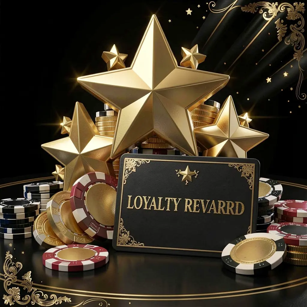 Realistic 3D render of a JOY11 loyalty rewards casino scene featuring golden stars, poker chips, coins, and a luxury reward card on an elegant black and gold background Realistic 3D render of a JOY11 loyalty rewards casino scene featuring golden stars, poker chips, coins, and a luxury reward card on an elegant black and gold background