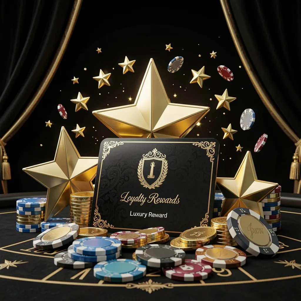 Realistic 3D render of a JOY11 loyalty rewards casino scene featuring golden stars, poker chips, coins, and a luxury reward card against an elegant black and gold background Realistic 3D render of a JOY11 loyalty rewards casino scene featuring golden stars, poker chips, coins, and a luxury reward card against an elegant black and gold background