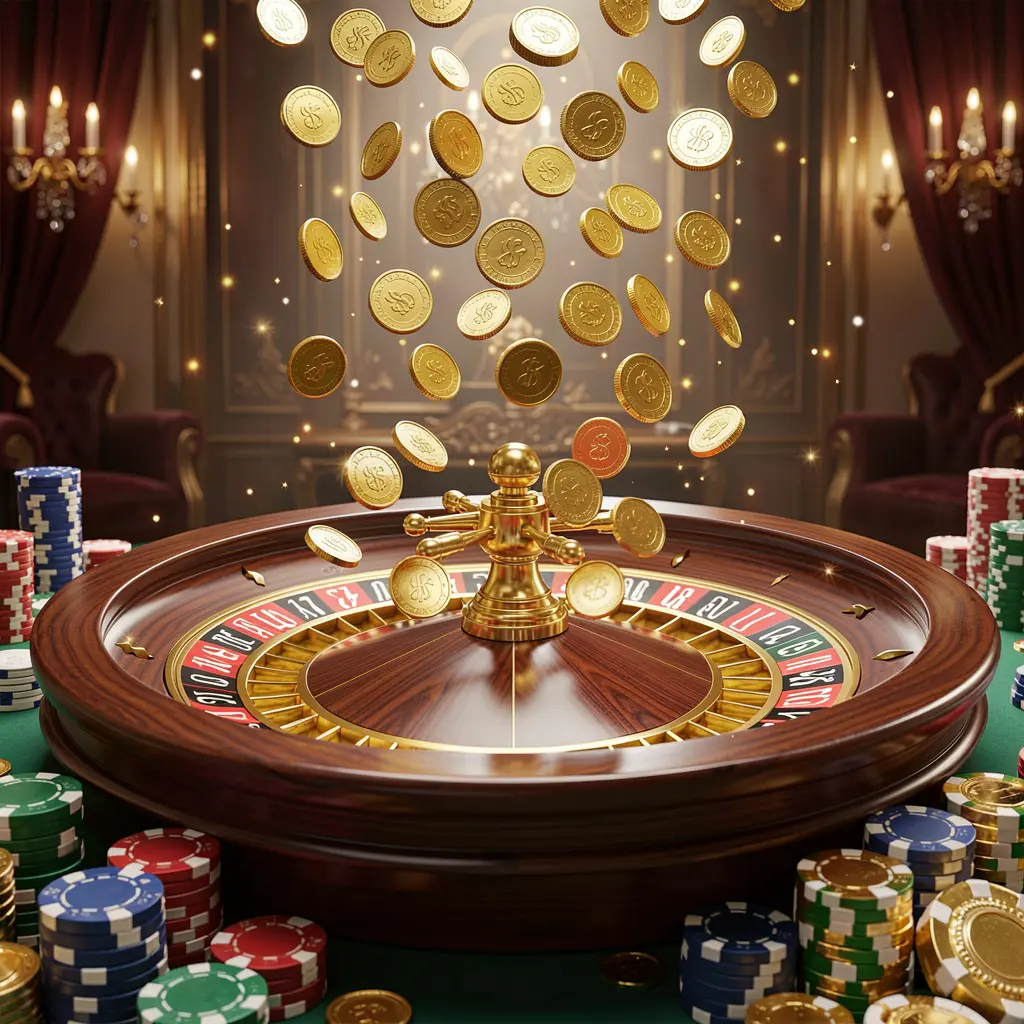 JOY11 premium online casino banner featuring golden coins raining over a roulette wheel and poker chips with a glowing luxury background in a dynamic 3D render