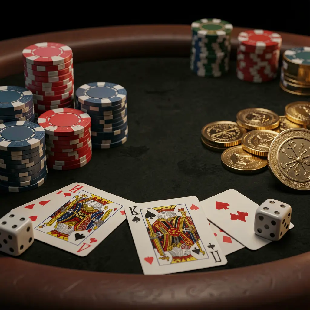 Close-up of an elegant casino table featuring poker chips, playing cards, dice, and gold coins with soft cinematic lighting on a luxury black background, showcasing JOY11's realistic 3D render