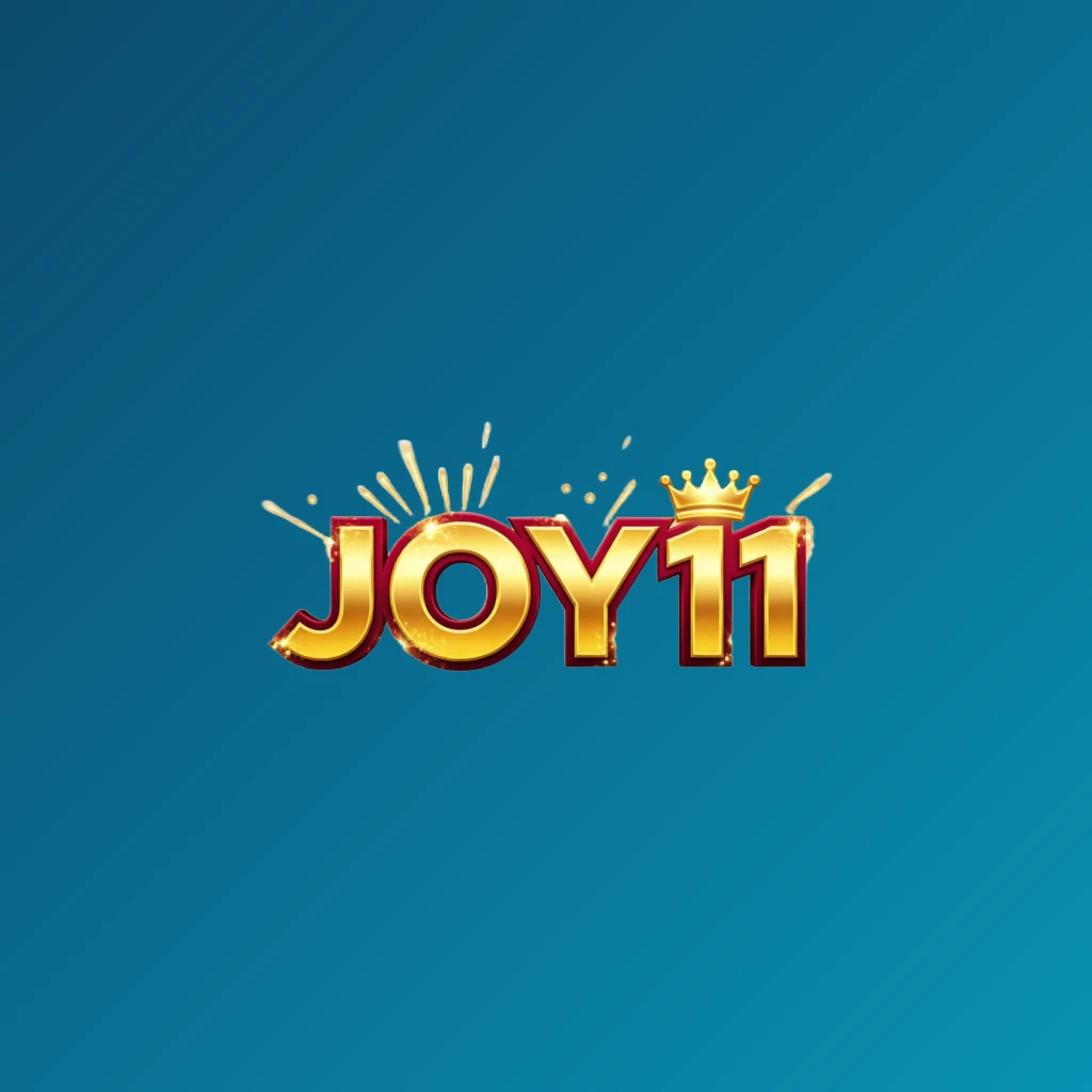 Dynamic casino-style horizontal rectangular wordmark logo for JOY11 featuring massive bold lettering in bright gold and crimson colors with a glowing crown and sparkling light effects on a transparent background