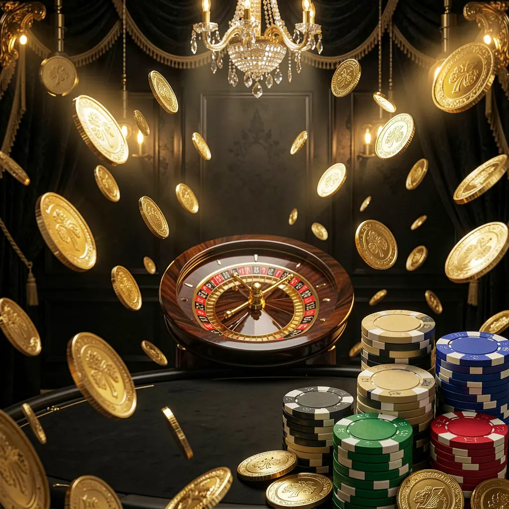 JOY11 online casino main page background featuring dramatic casino lights, golden coins flying, stacked poker chips in the foreground, and a roulette wheel behind in a luxury black and gold atmosphere